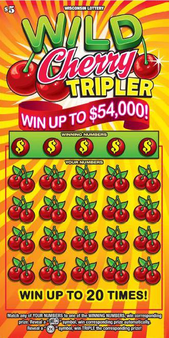 image of scratch ticket with yellow stripes as the background and lots of cherries on the game the cherries also cover up the play area on scratch ticket from wisconsin lottery 