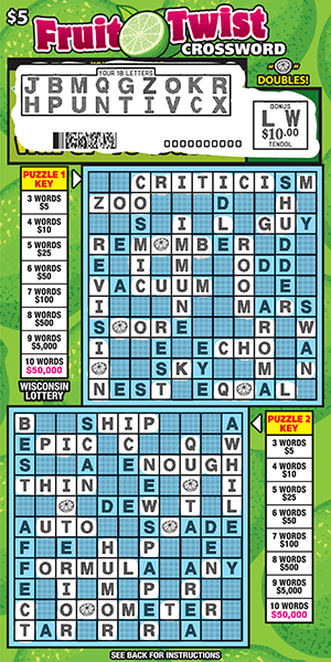 Lime colored crossword puzzle with blue crossword grid scratch from wisconsin lottery with letters scratched off in white  
