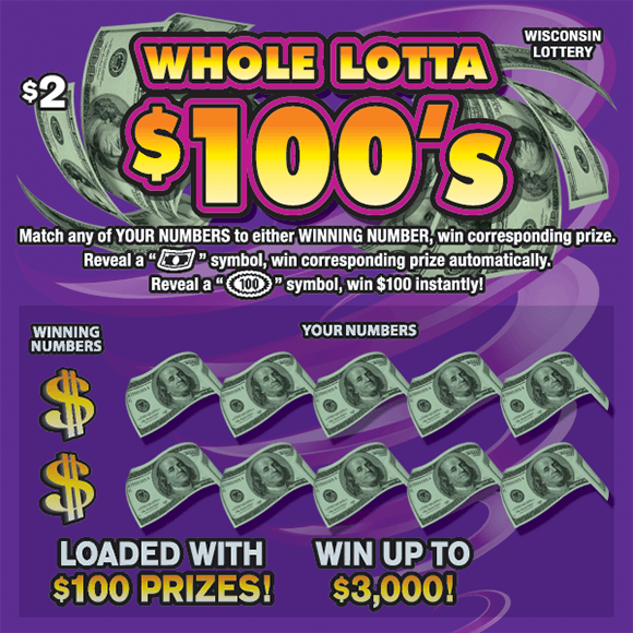 purple background with green dollar bills over the ticket numbers on scratch ticket from wisconsin lottery 