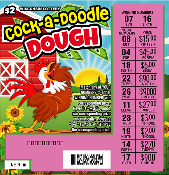 Image of Rooster standing on grass with a Red Barn in the background as well as the sunshine and a pink revealed scratch area on scratch ticket from wisconsin lottery