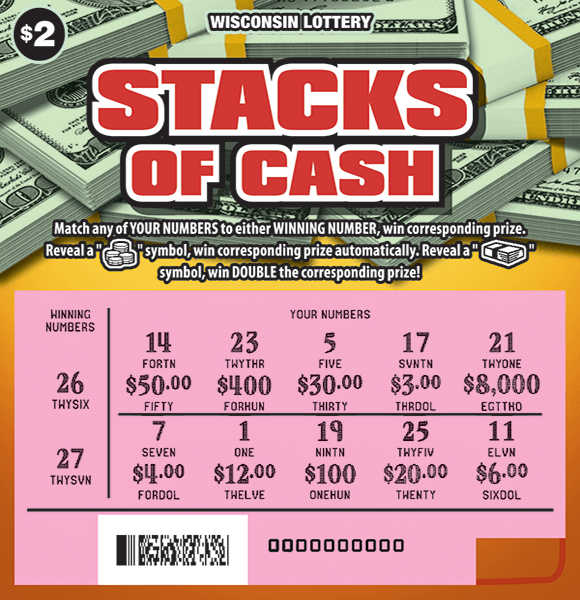 Yellow background with stacks of dollar bills and a pink revealed play area on scratch ticket from wisconsin lottery 