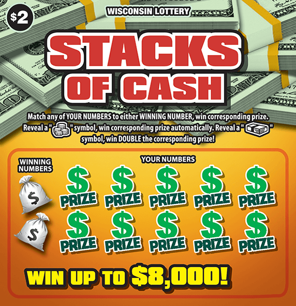 Yellow background with stacks of dollar bills and dollar sign symbols on scratch ticket from wisconsin lottery 