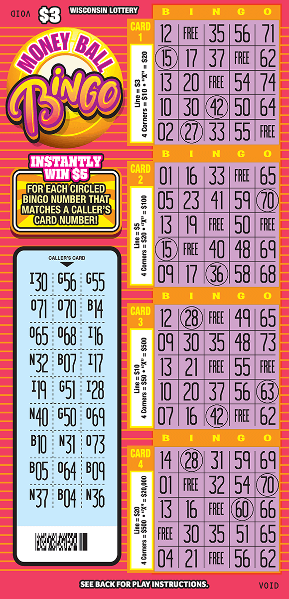 image with pink background and orange stripes contaning four bingo cards all of which have a purple play area and bingo written across the top in yellow lettering with an orange background on money ball bingo ticket from wisconsin lottery 