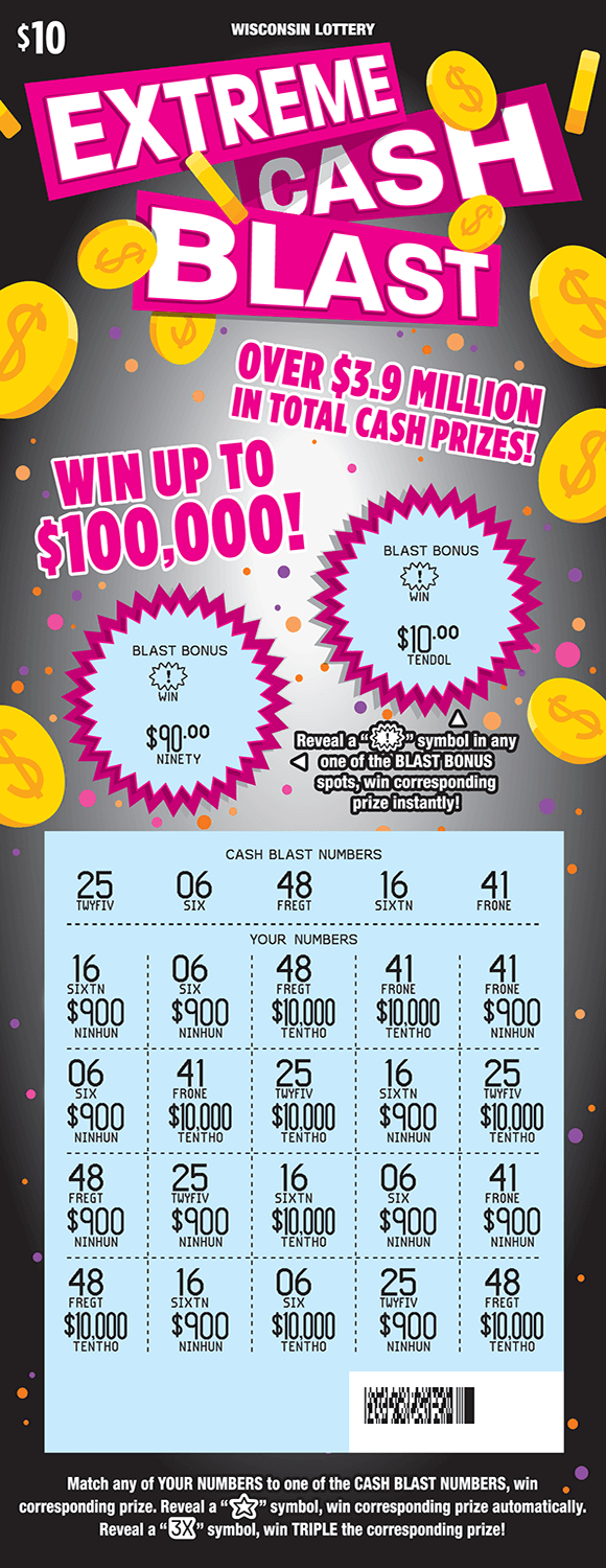 image of scratch ticket with yellow dollar coins floating around and a gray background with pink orange and purple dots as well as circles with spikes for the game numbers on scratch ticket and play area is scratched off revealing a blue play area from wisconsin lottery