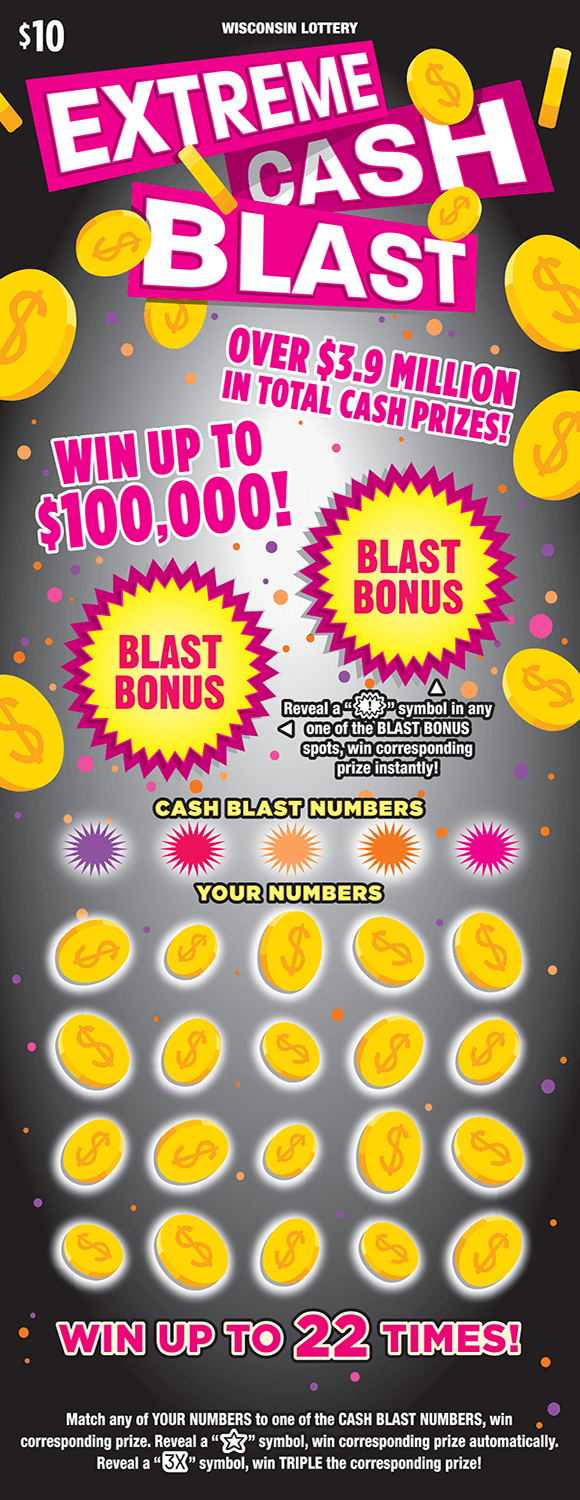 image of scratch ticket with yellow dollar coins floating around and a gray background with pink orange and purple dots as well as circles with spikes for the game numbers on scratch ticket from wisconsin lottery