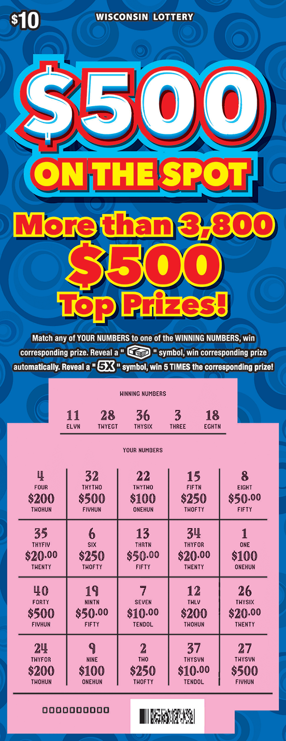 image of scratch ticket with a blue background and dark patterned circles. Play area contains a five by four chart that is scratched off revealing pink play area on scratch ticket from wisconsin lottery