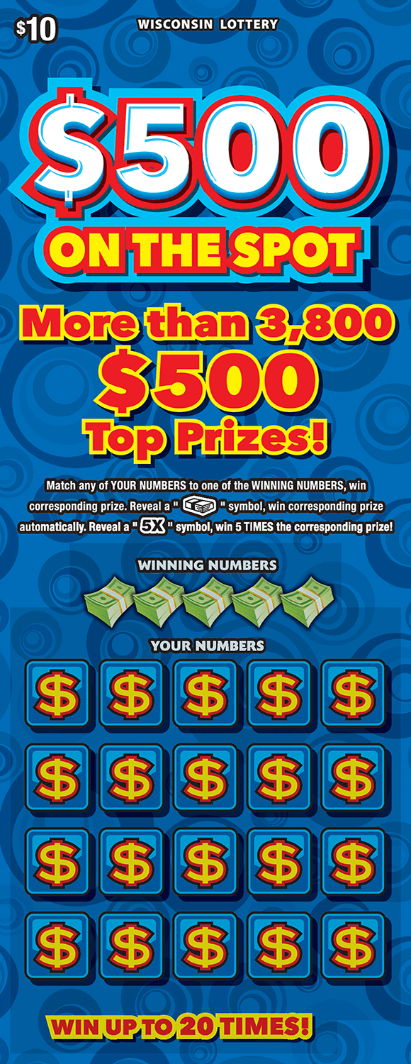 image of scratch ticket with a blue background and dark patterned circles. Play area contains a five by four chart of boxes with yellow dollar bill symbols on scratch ticket from wisconsin lottery