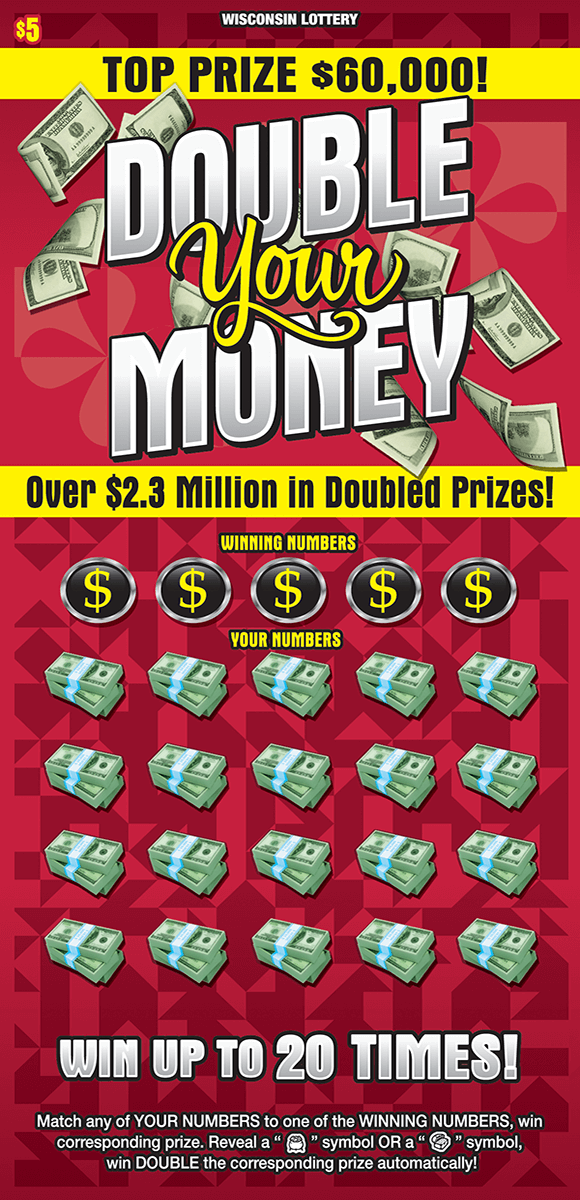 image of scratch ticket with red patterned background and dollar bills floating around the play area is a five by four grid covered with stacks of dollar bills on scratch ticket from Wisconsin Lottery 