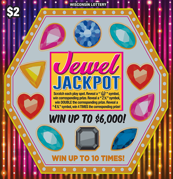 image of hexagon shape containing different colored jewels and a flashy rainbow background on scratch ticket from wisconsin lottery 