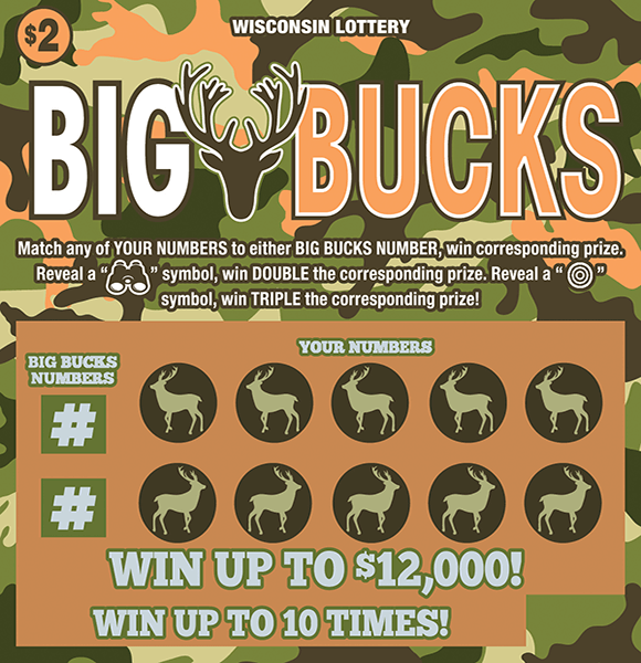image of ticket with a camouflage background with images of bucks over the numbers in the play area on scratch ticket from wisconsin lottery
