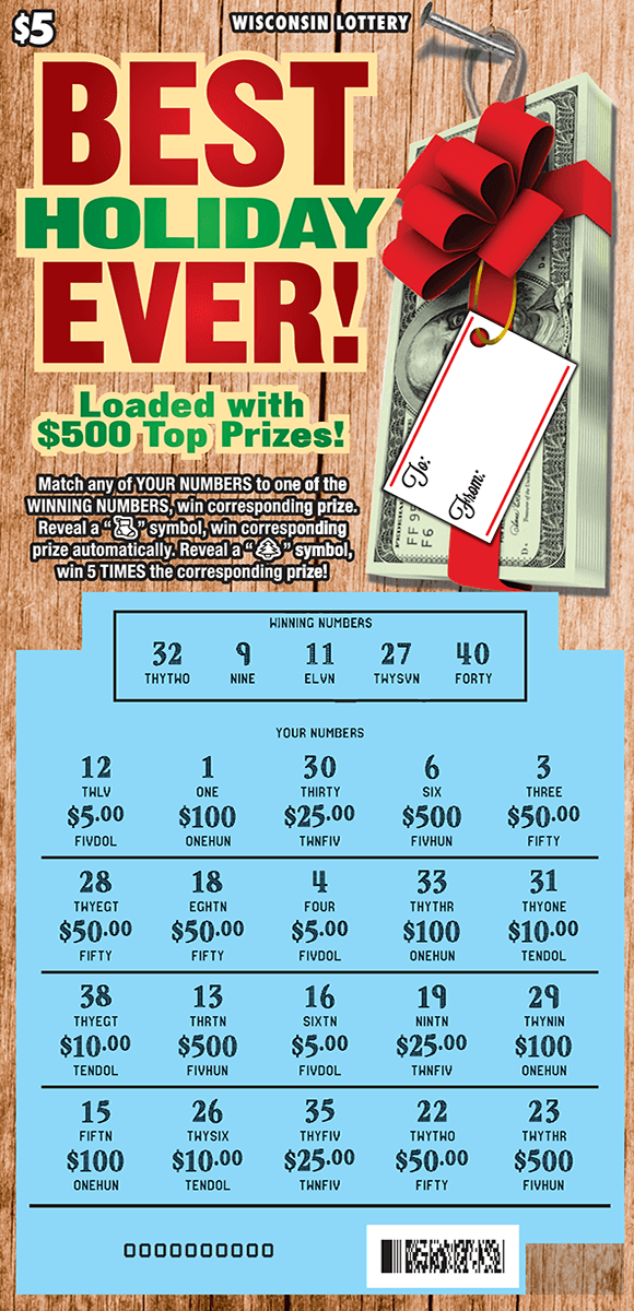 stack of cash wrapped with big red bow and play area is revealed with a blue background on scratch ticket from wisconsin lottery