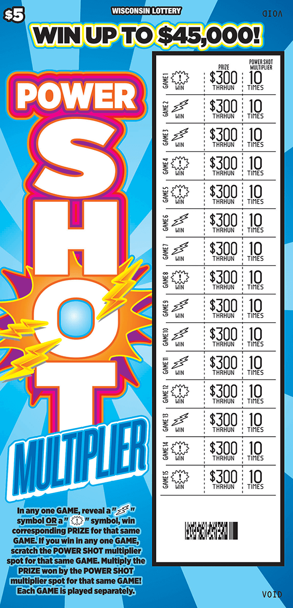 image of scratch ticket with light and dark blue striped background lightning bolts and stars play area is scratched revealing a white play area on scratch ticket from wisconsin lottery 