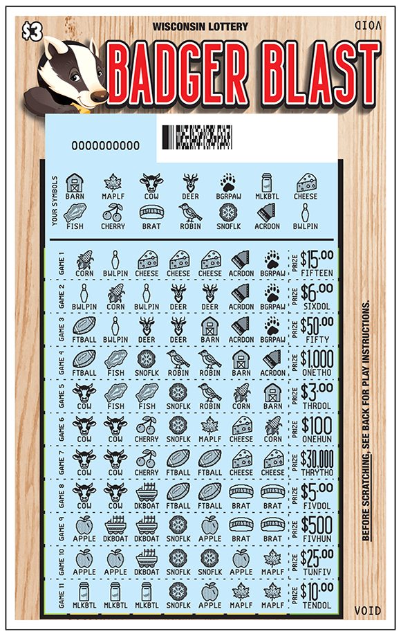 Picture of ticket with a chart containing many symbols that have been scratched to reveal a blue play area with symbols including footballs, cherries, cows, barns, corn, apples, snowflakes, cheese, deer, leaves on scratch ticket from wisconsin lottery 