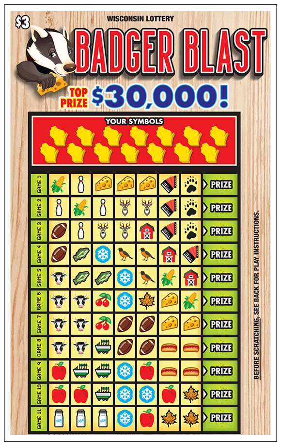 Picture of ticket with a chart containing many symbols to be scratched off including footballs, cherries, cows, barns, corn, apples, snowflakes, cheese, deer, leaves on scratch ticket from wisconsin lottery 