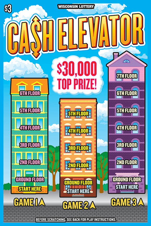 image of ticket with 3 buildings on a street each containing different prize s on each level with a blue sky in the background on scratch ticket from wisconsin lottery