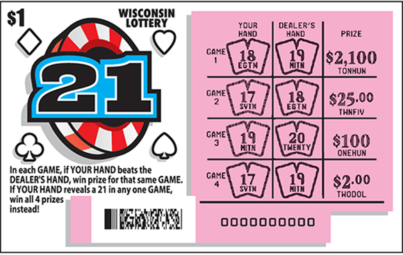 image of scratch ticket containing poker chip with the number 21 in it and in the play area there is a section for the dealers hand and the players hand of cards on scratch ticket from wisconsin lottery