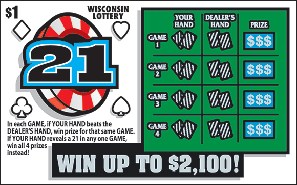 image of scratch ticket containing poker chip with the number 21 in it and in the play area there is a section for the dealers hand and the players hand of cards on scratch ticket from wisconsin lottery