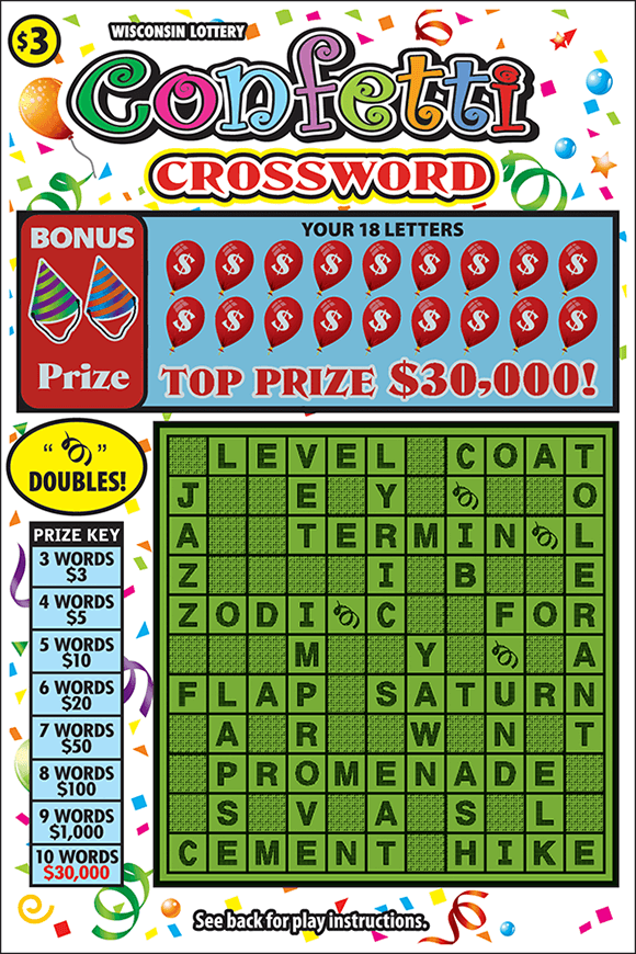 image of scratch ticket with a green crossword grid and images of confetti on the background of the ticket with balloons covering the non-revealed crossword letters on scratch ticket from wisconsin lottery 