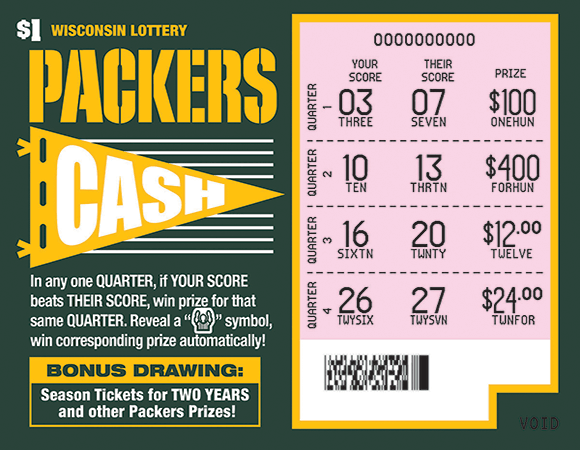 image of ticket with a green background a the packers logo with images of footballs and football helmets with the packers g on them on scratch ticket from wisconsin lottery 