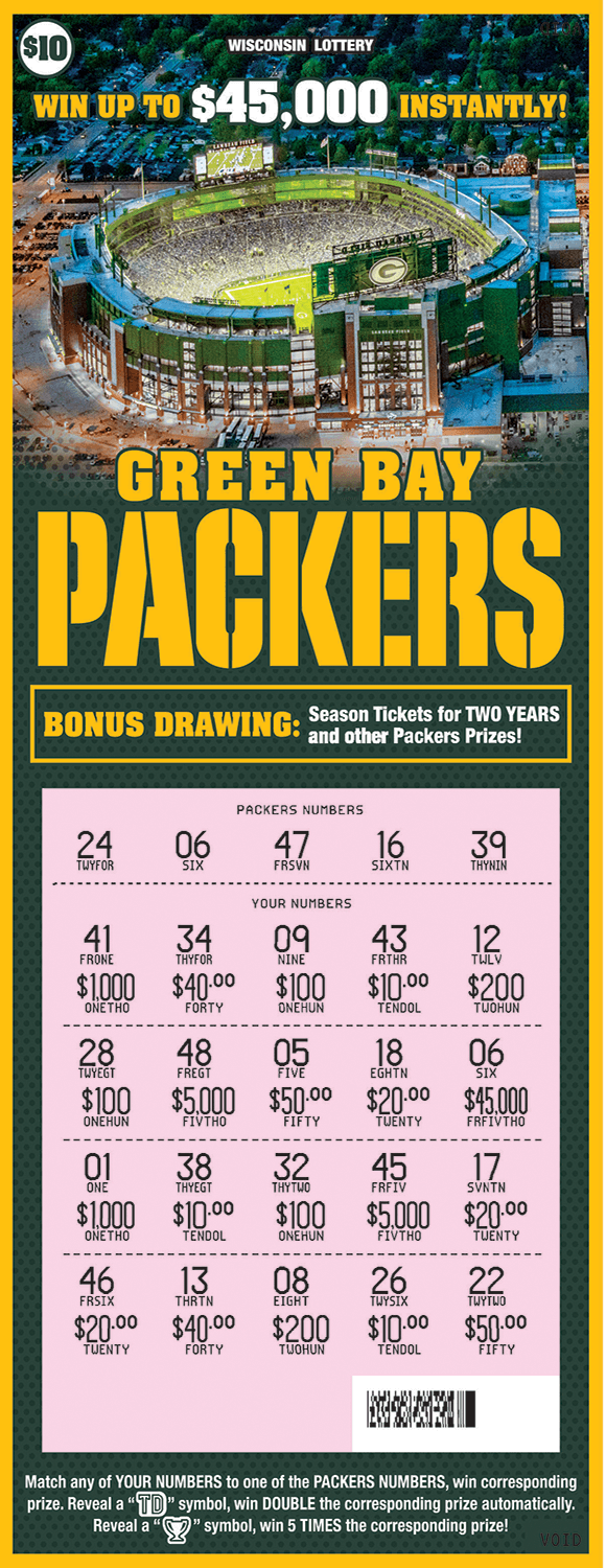 image of scratch ticket with green background and an image of lambeau field from above on scratch ticket from wisconsin lottery 
