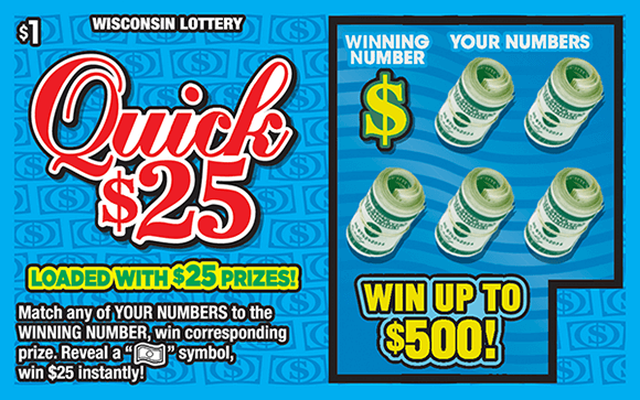 image of ticket with blue background red writing and the play area numbers are covered with dollar bills on scratch ticket from wisconsin lottery 