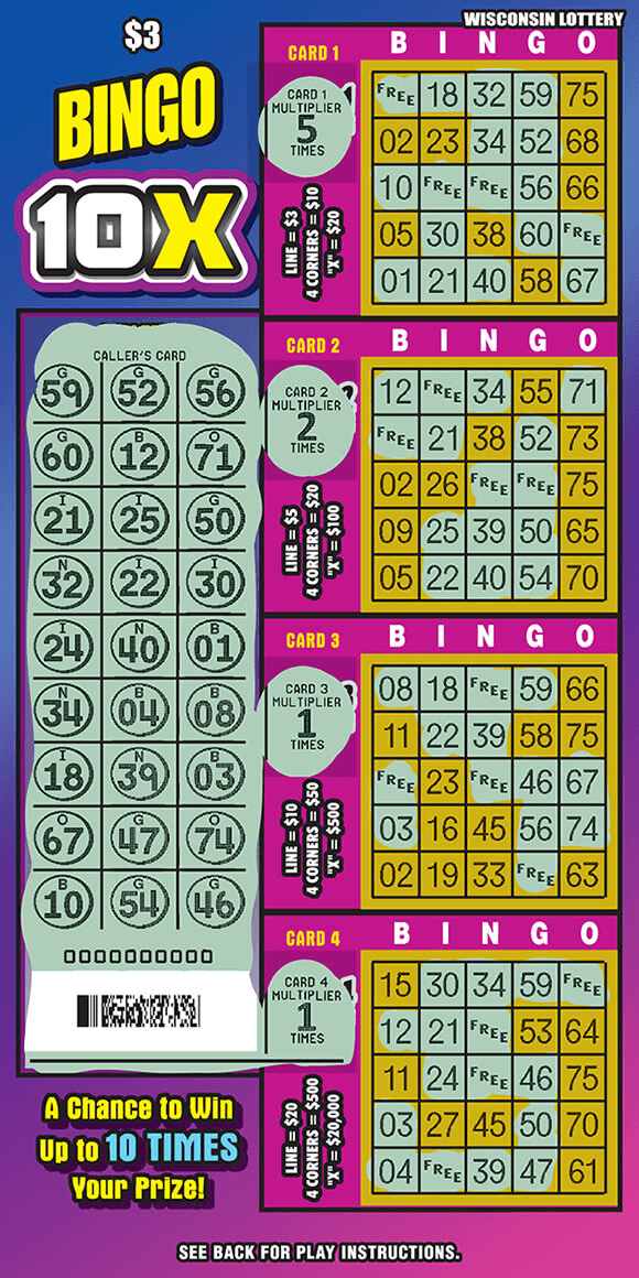 image of ticket with a pink and blue ombre background and four different yellow play area grids that are scratched to reveal blue scratched off areas on ticket on scratch ticket from wisconsin lottery 