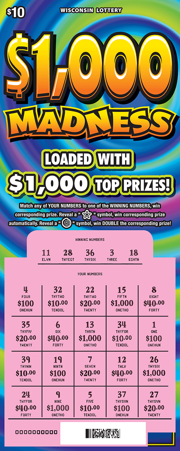 image of scratch ticket with multicolored swirled background with a scratched play area revealing a pink play area on scratch ticket from wisconsin lottery 