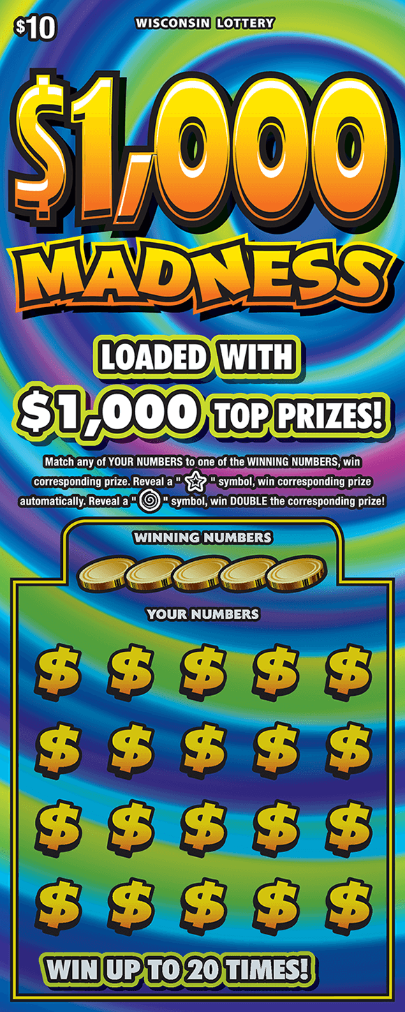 image of scratch ticket with multicolored swirled background with yellow dollar signs covering the play area on scratch ticket from wisconsin lottery 