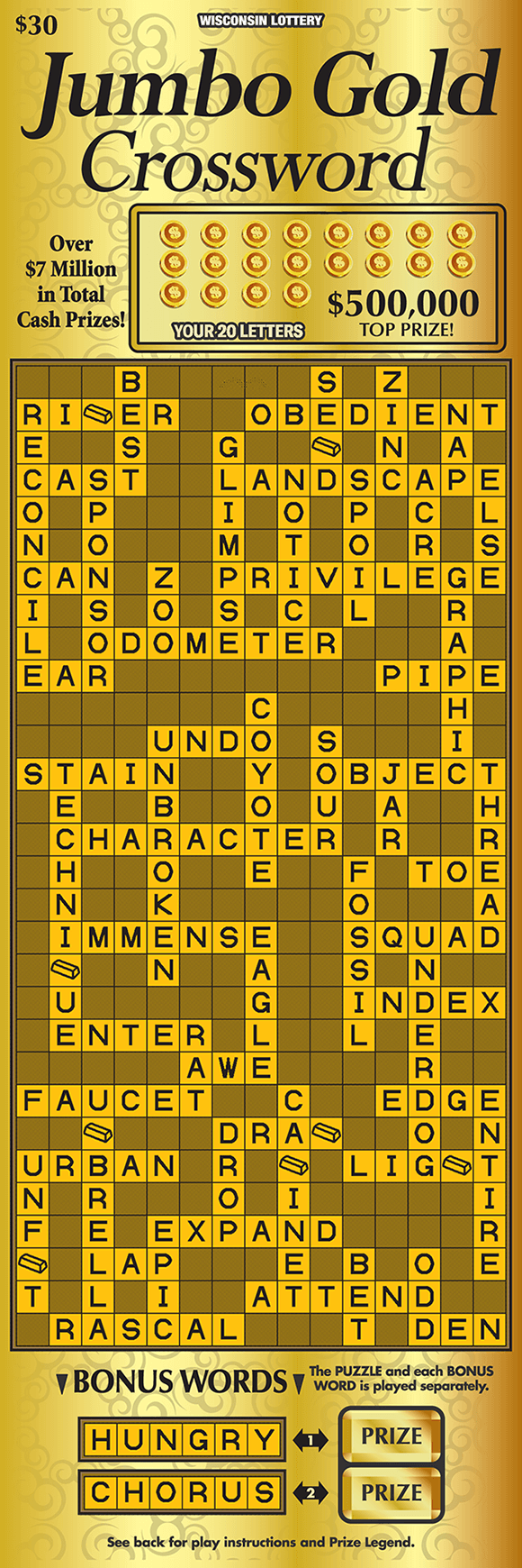 image of oversized crossword ticket with a solid gold background with a lighter gold crossword play area on scratch ticket from wisconsin lottery 