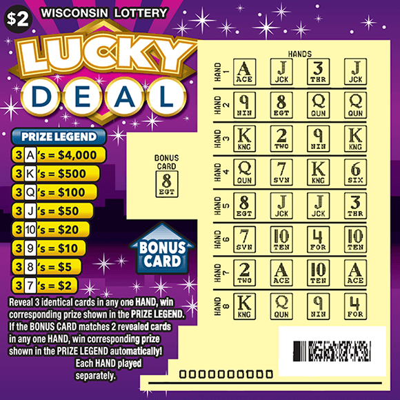 image of scratch ticket with purple background and white twinkling stars with a play area of a deck of cards on scratch ticket from wisconsin lottery 