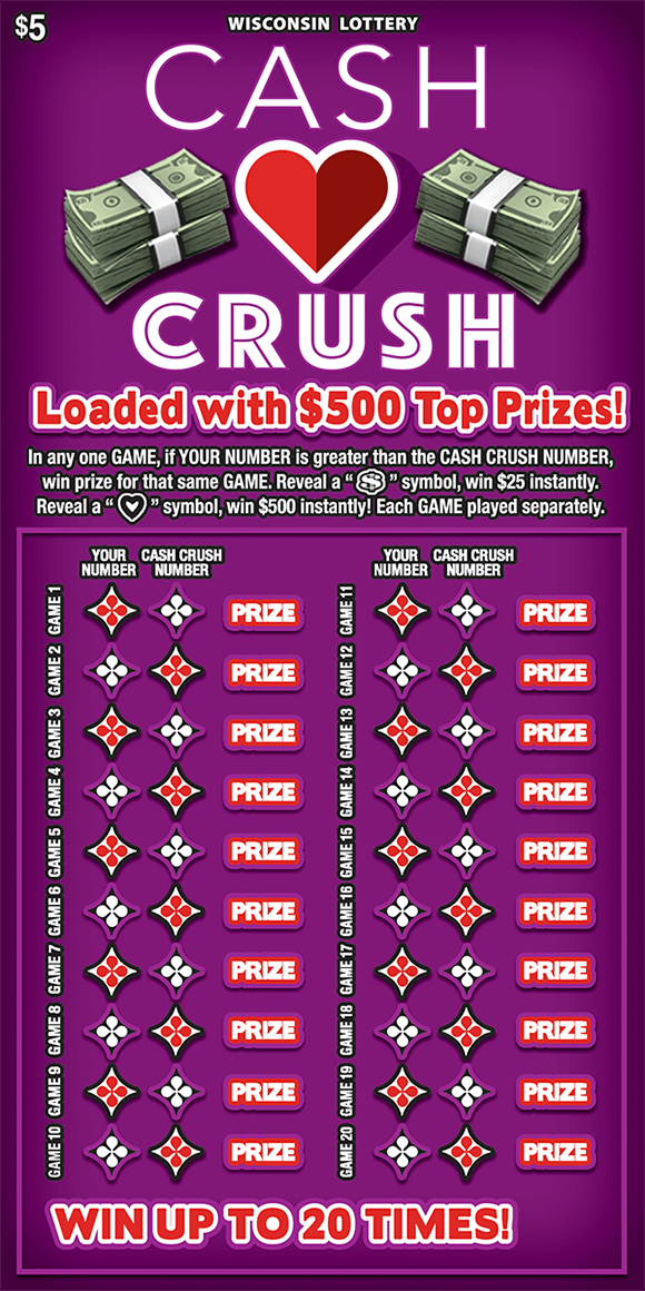 image of scratch ticket with purple background and two stacks of cash on the top with a heart in between on scratch ticket from wisconsin lottery 