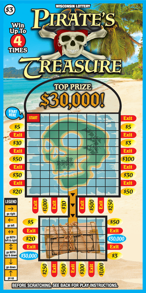 image of scratch ticket on a white sandy beach with an ocean and palm tree in the background and the play area has a grid with an image of skeleton in the background that leads to a treasure chest on scratch ticket from wisconsin lottery 