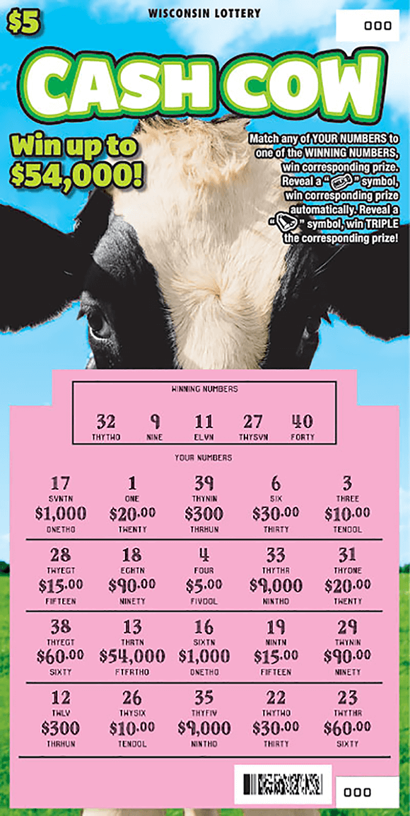 image of a cow standing in a green grass field with a blue sky background and scratched play area revealing pink background on scratch ticket from wisconsin lottery