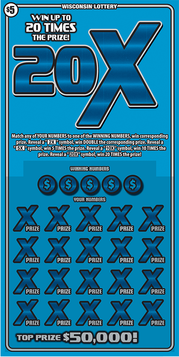 image of scratch ticket with a light blue background and a large 20x symbol in a darker blue with multiple dark blue x's over the winning numbers in the play area on scratch ticket from wisconsin lottery