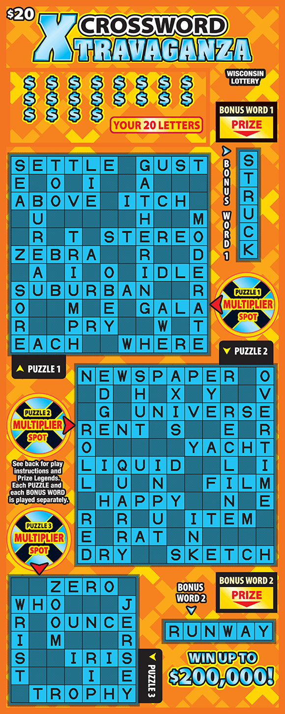 dark orange background with light orange and yellow x patterns behind three turquoise crossword grids on wisconsin lottery scratch ticket