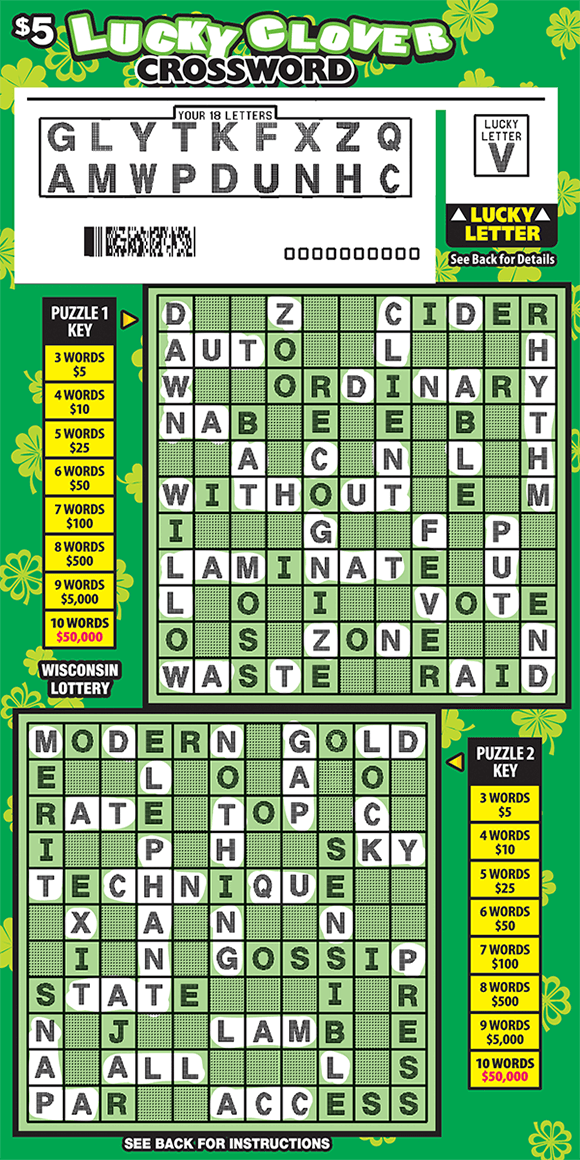 green background with four leaf clovers covering ticket and white background in your letters area and two green crossword grids with puzzle keys