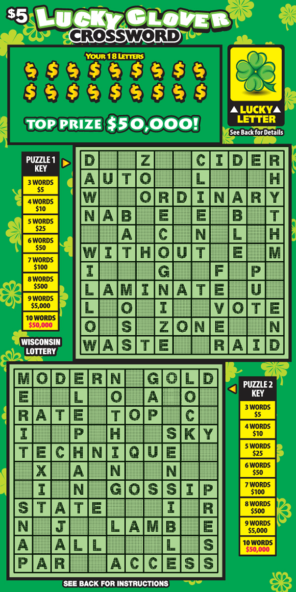 green background with four leaf clovers covering ticket and money symbols in your letters area and two green crossword grids with puzzle keys