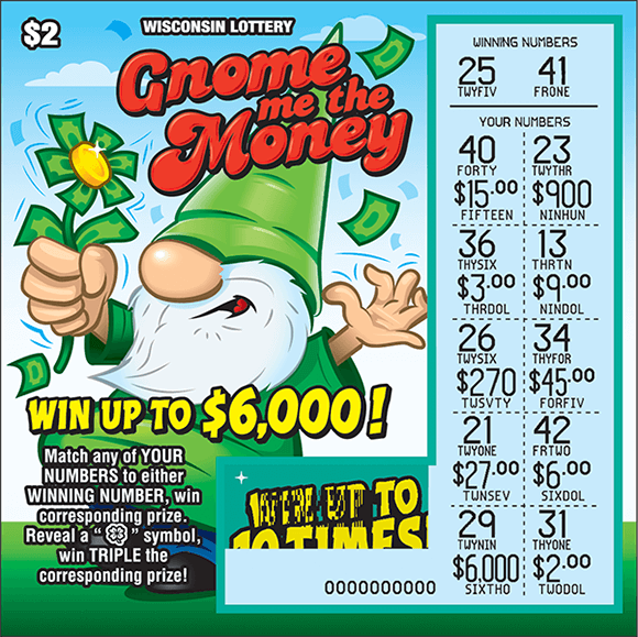 picture of ticket with an image of a gnome standing on grass wearing a green pointy hat holding a green flower and the play area is scratched revealing the winning numbers  on scratch ticket from wisconsin lottery