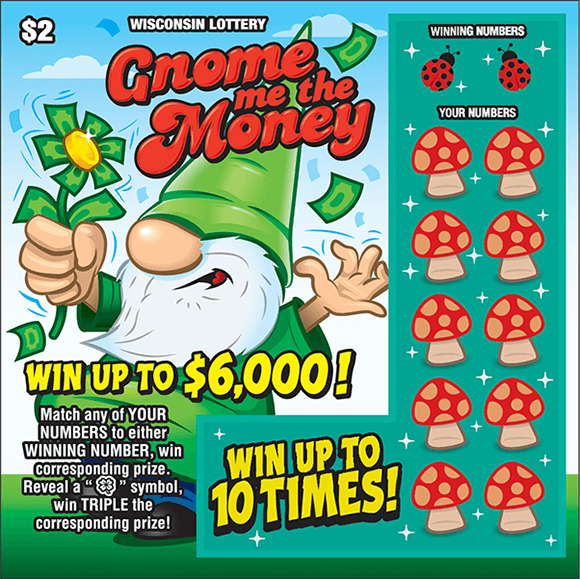 picture of ticket with an image of a gnome standing on grass wearing a green pointy hat holding a green flower and there are mushrooms covering the winning numbers in the play area on scratch ticket from wisconsin lottery