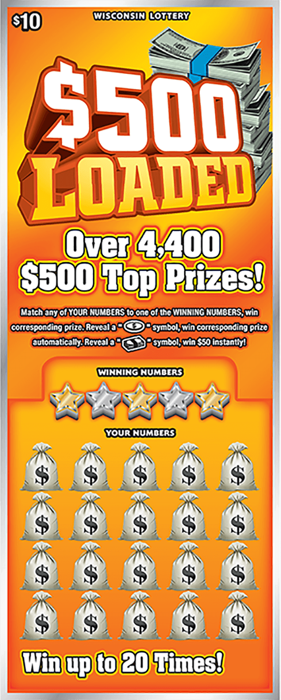 image of ticket with a yellow background and stacks of cash in the top right corner while the play area has bags of money over the winning numbers area on scratch ticket from wisconsin lottery
