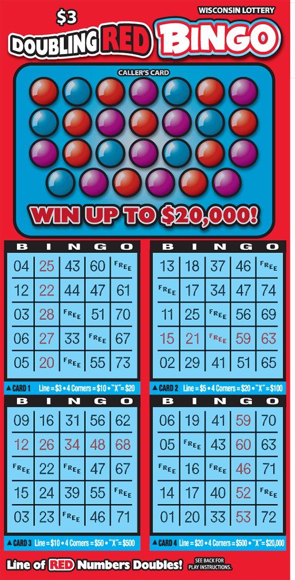image of scratch ticket with a red background and winning numbers on top covered by red and blue balls there is four play area grids on scratch ticket from wisconsin lottery