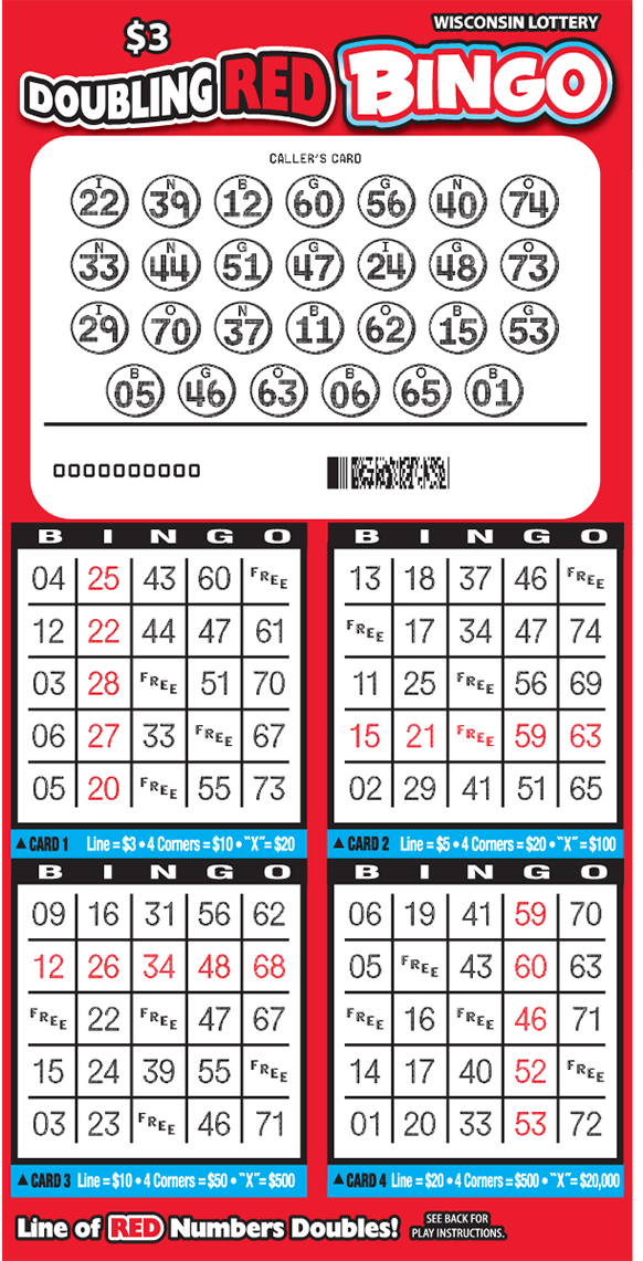 image of scratch ticket with a red background and winning numbers on top covered by red and blue balls there is four play area grids on scratch ticket from wisconsin lottery