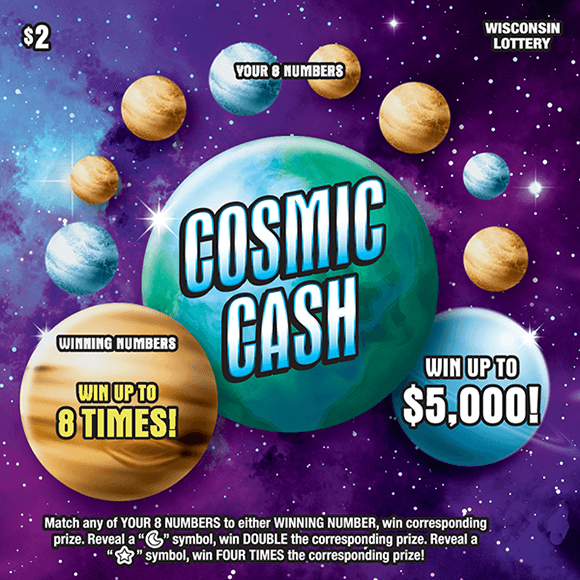 image of scratch ticket with a purple blue and black background of a galaxy and the winning numbers are hidden behind planets that need to be scratched to be revealed on scratch ticket from wisconsin lottery
