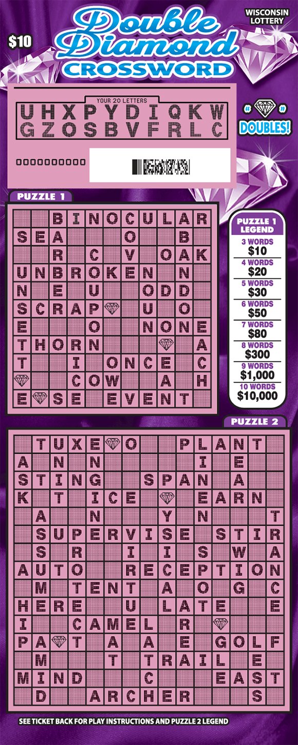 image of scratch ticket with two crossword puzzles and diamonds over the winning letters on the top of the ticket with a purple background and multiple shiny diamonds and a scratched play area revealing a purple grid on scratch ticket from wisconsin lottery