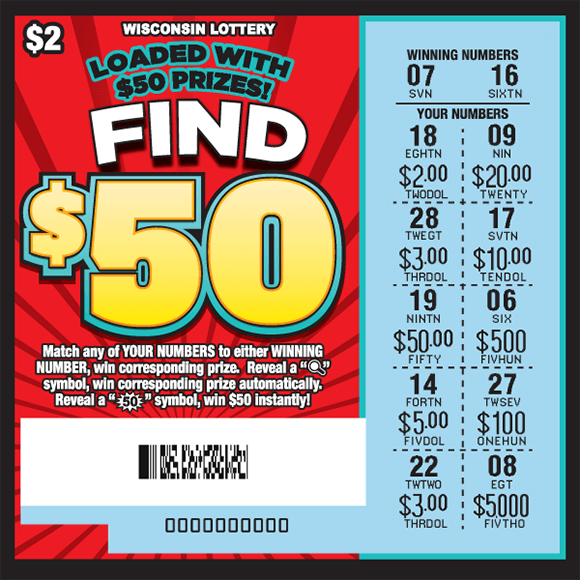 image of scratch ticket with a red background and a large fifty dollar in the middle of the ticket with a blue play area on the side with the play are scratched to reveal the winning numbers on scratch ticket from wisconsin lottery