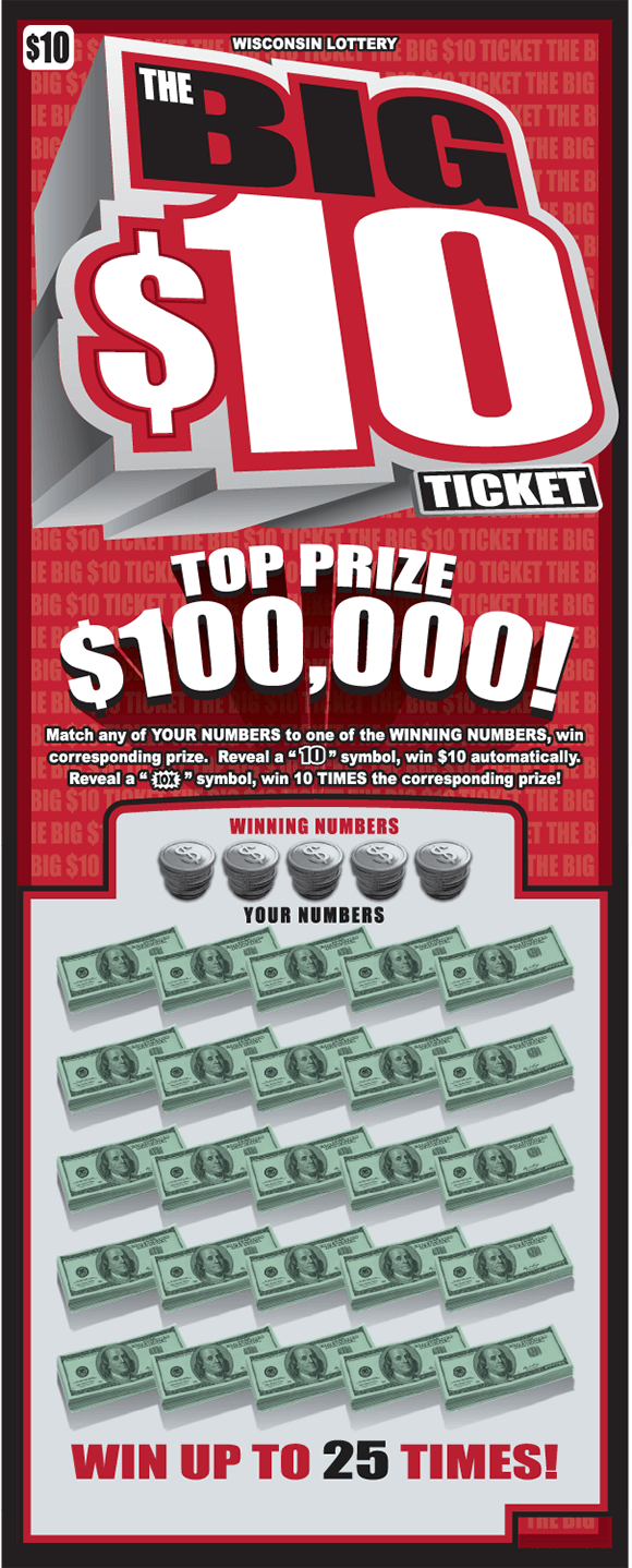 ticket background consists of a red background and repeating words written in white that say the big $10 ticket with the words big 10 largely printed over that in black red and white 3d letters on scratch ticket from wisconsin lottery