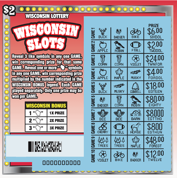 image of scratch ticket with a red and white ombre background and an image of a slot machine with multiple rows that are scratched revealing the winning symbols on a blue background on scratch ticket from wisconsin lottery
