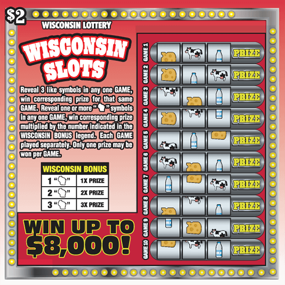 image of scratch ticket with a red and white ombre background and an image of a slot machine with multiple rows containing cheese milk and cow icons covering the winning numbers on scratch ticket from wisconsin lottery
