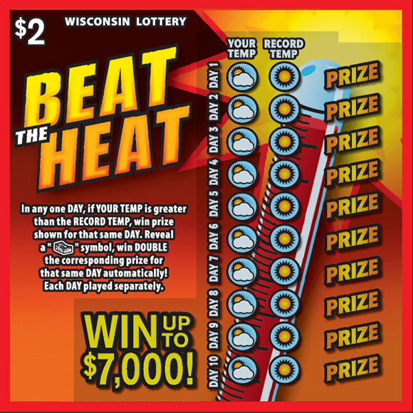 orange red and black background with a bright yellow sun in the top right corner. the play area is covered with  an image of a partly sunny sky and a full sunny sky on scratch ticket from wisconsin lottery