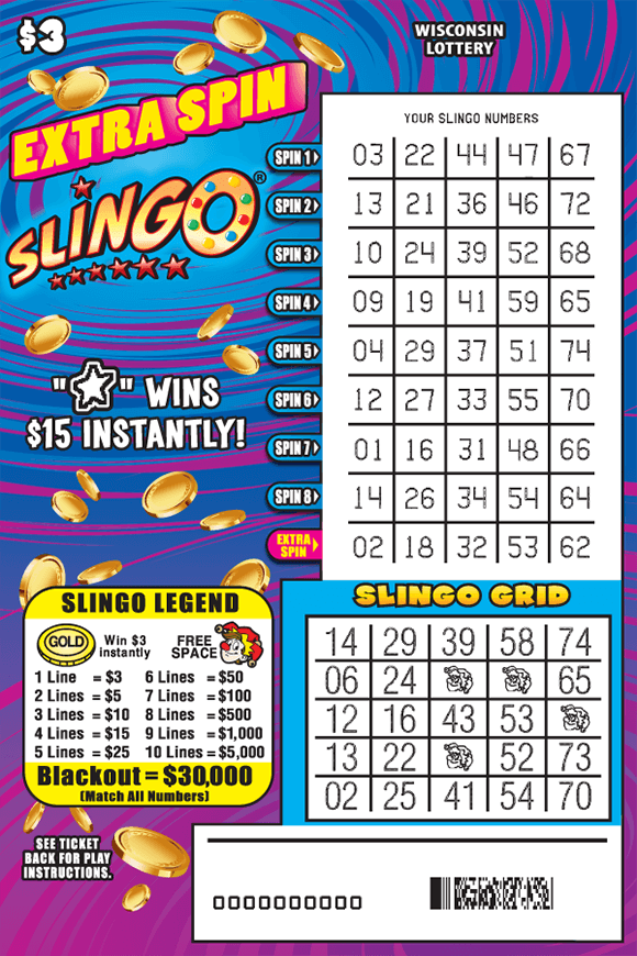 pink blue and purple background with a graph of fruits bells and horseshoes on the slingo chart and down below is a pink chart showing your slingo grid as well as the key as to how to play the game on scratch ticket from wisconsin lottery